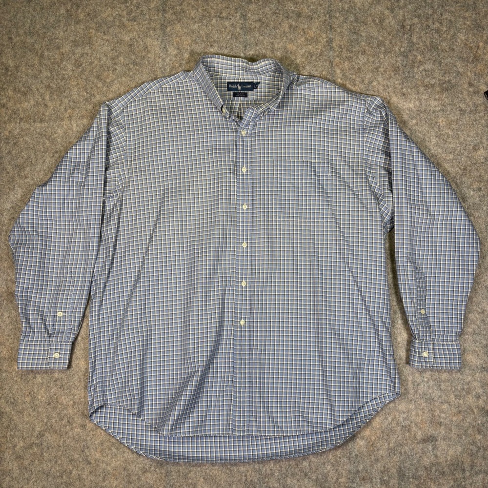 Ralph Lauren Blake Mens XXL Blue White Plaid Cotton Button Down Shirt Vintage